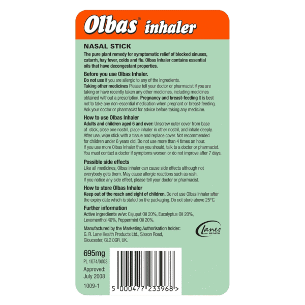 Olbas Nasal Inhaler Relief From Catarrh Colds and Blocked 1count